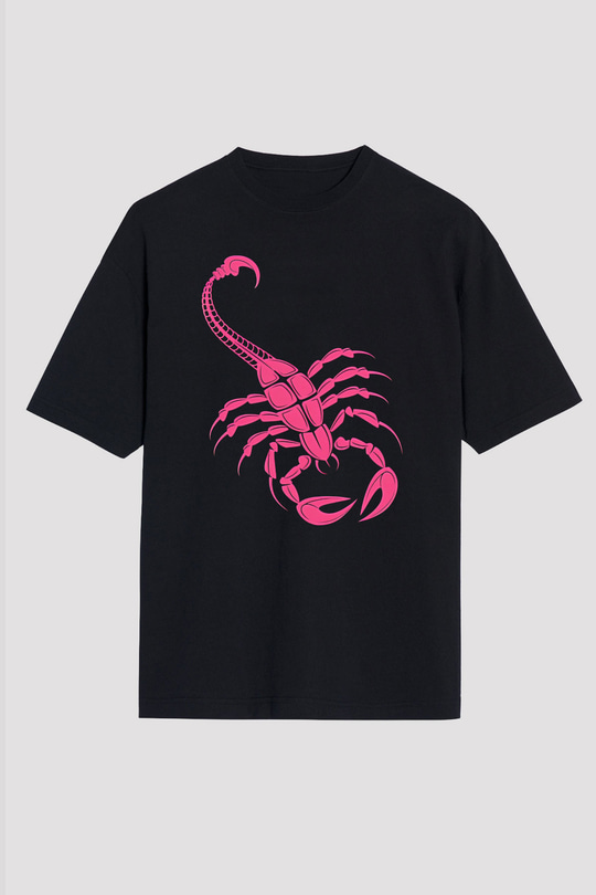 Akrep Burcu Baskılı Unisex Siyah Oversize Tişört - Tshirt