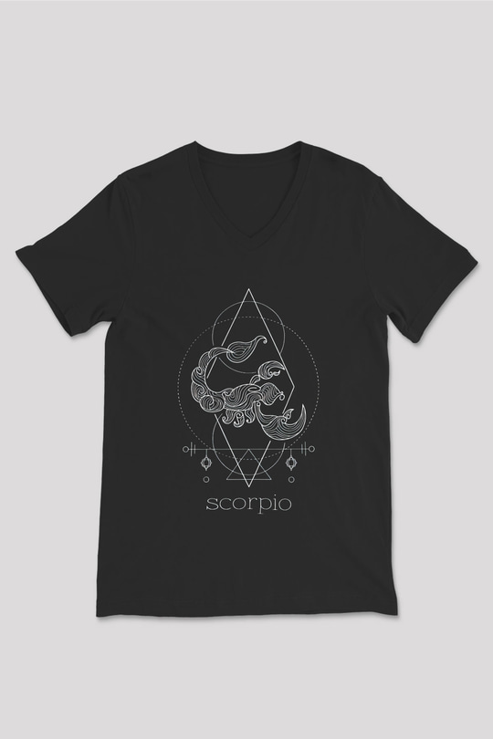 Akrep Burcu Baskılı Unisex Siyah V Yaka Tişört - Tshirt