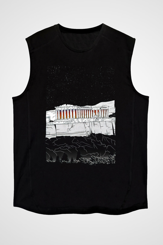 Akropolis Siyah Unisex Kolsuz Tişört