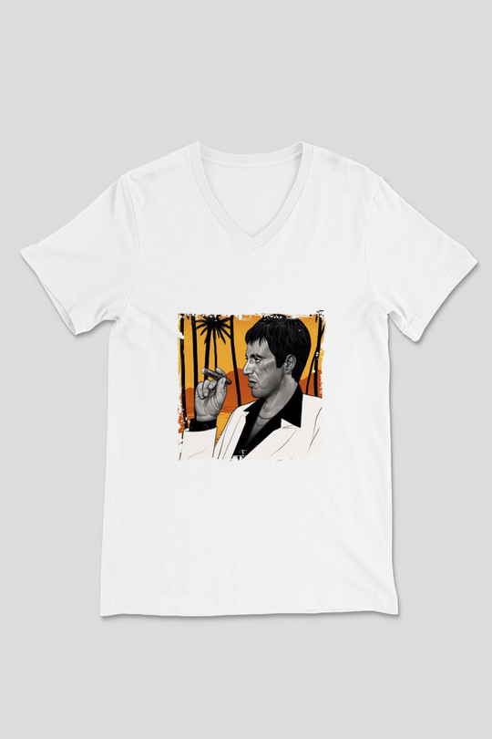 Al Pacino Baskılı V Yaka Unisex Beyaz Tişört