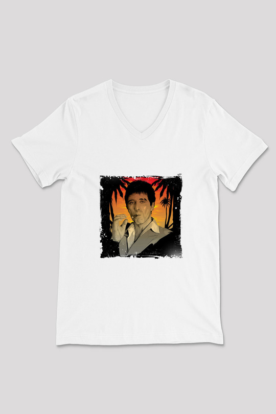 Al Pacino Baskılı V Yaka Unisex Beyaz Tişört