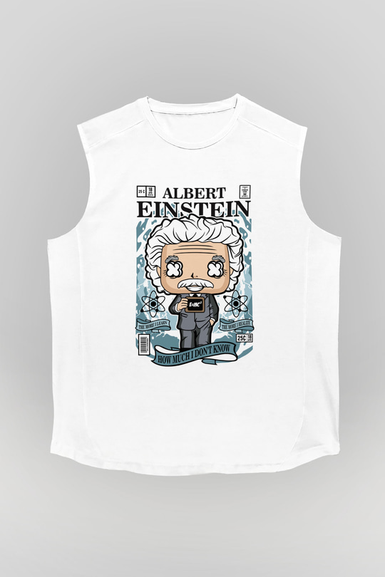 Albert Einstein Baskılı Unisex Beyaz Kolsuz Tişört