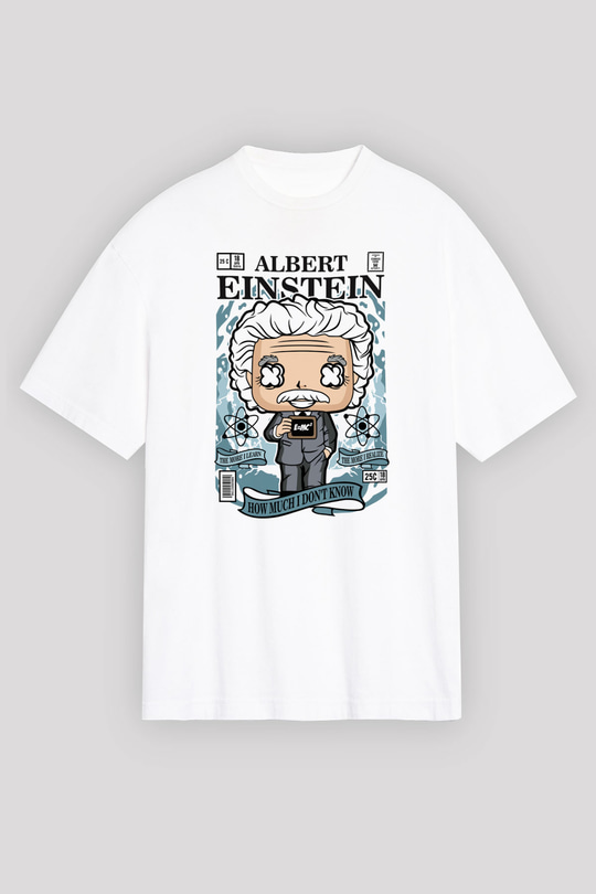 Albert Einstein Baskılı Unisex Beyaz Oversize Tişört