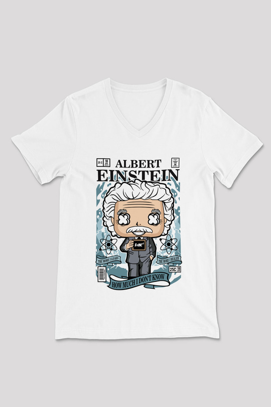 Albert Einstein Baskılı Unisex Beyaz V Yaka Tişört
