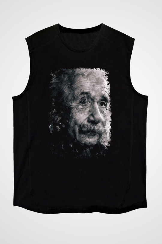Albert Einstein Baskılı Unisex Kolsuz Siyah Tişört - Tshirt