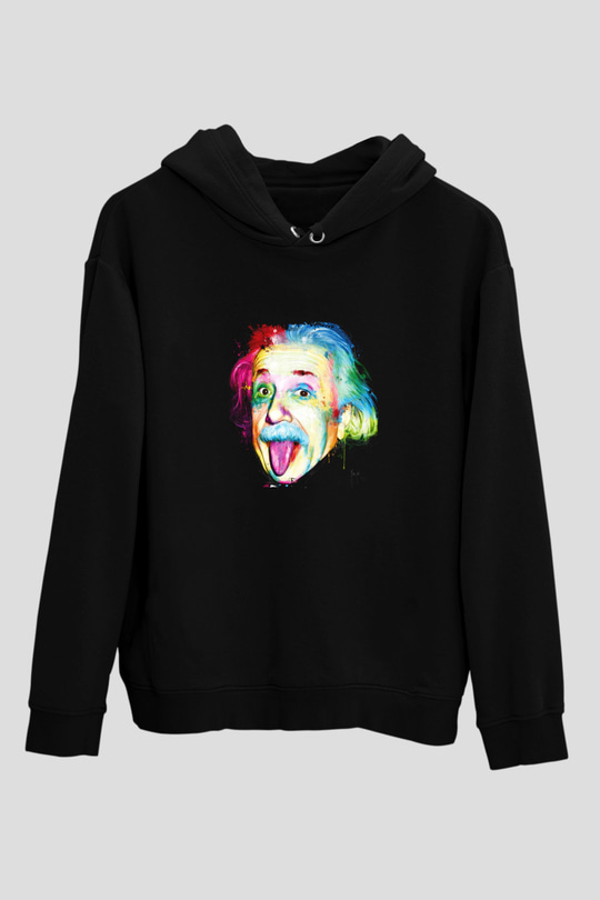 Albert Einstein Baskılı Unisex Siyah Hoodie