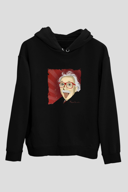 Albert Einstein Baskılı Unisex Siyah Hoodie
