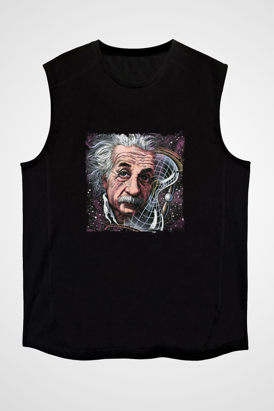 Albert Einstein Baskılı Unisex Siyah Kolsuz Tişört
