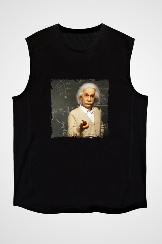 Albert Einstein Baskılı Unisex Siyah Kolsuz Tişört
