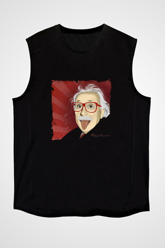 Albert Einstein Baskılı Unisex Siyah Kolsuz Tişört