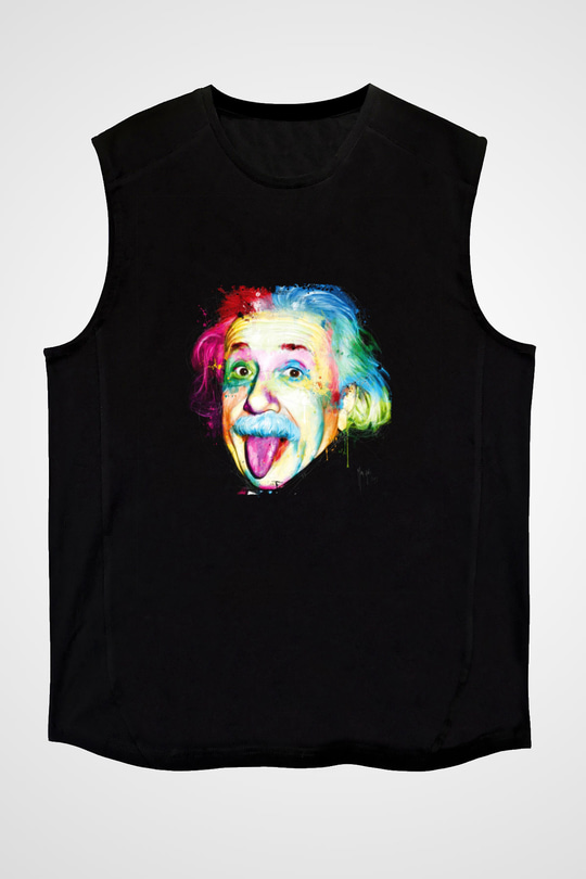 Albert Einstein Baskılı Unisex Siyah Kolsuz Tişört