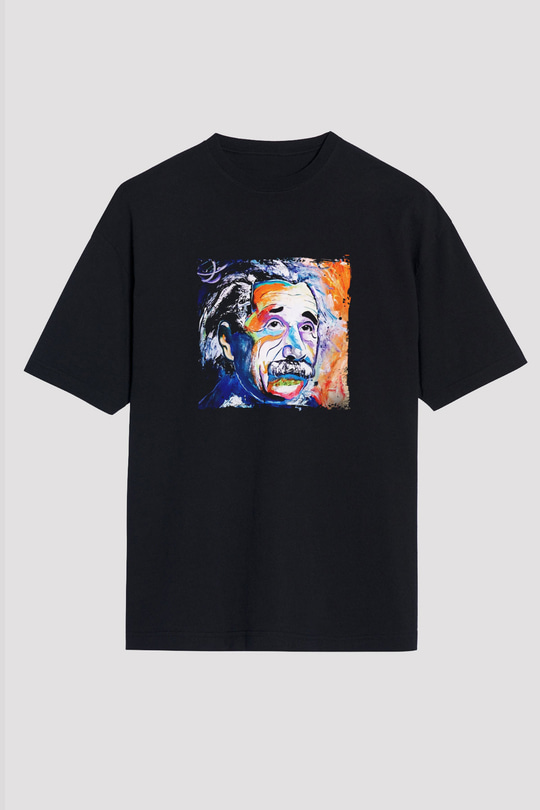 Albert Einstein Baskılı Unisex Siyah Oversize Tişört
