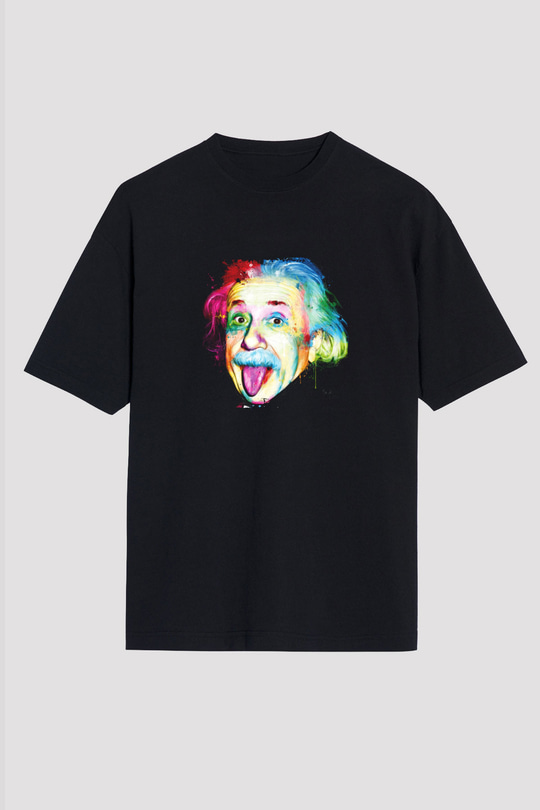 Albert Einstein Baskılı Unisex Siyah Oversize Tişört