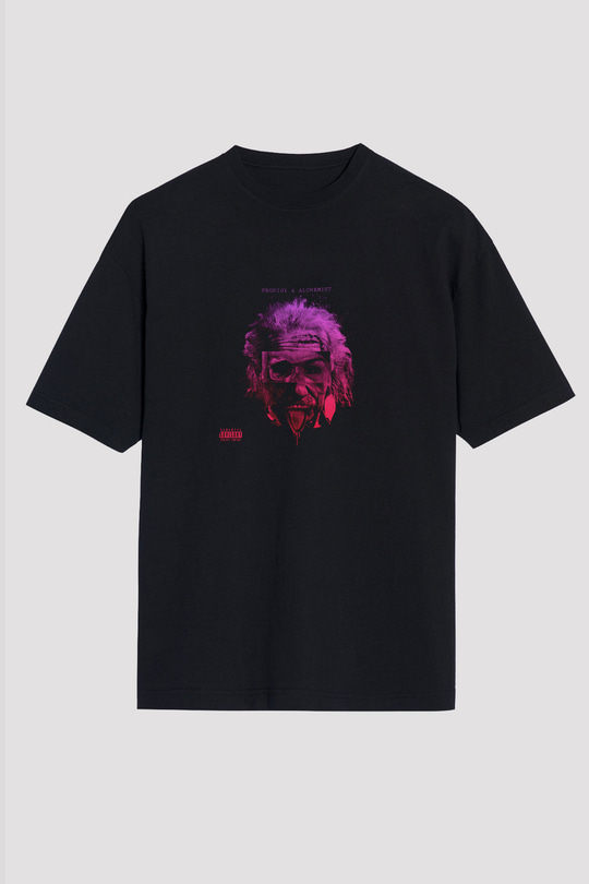 Albert Einstein Baskılı Unisex Siyah Oversize Tişört
