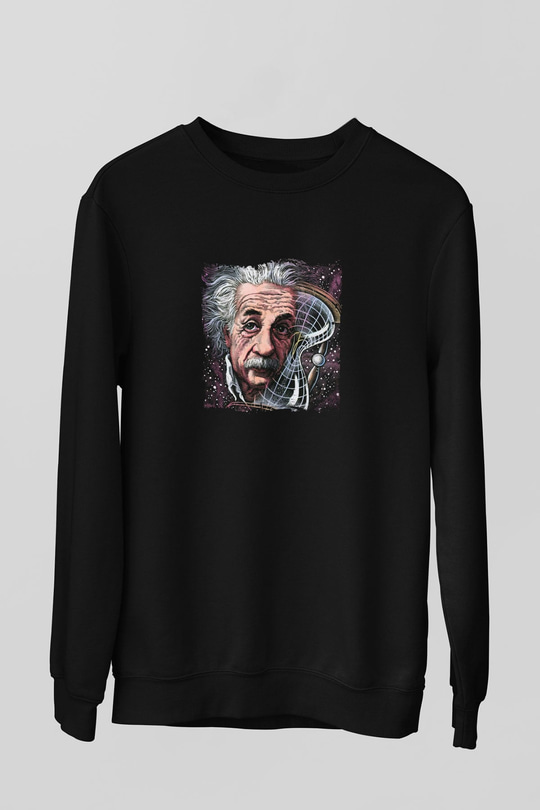 Albert Einstein Baskılı Unisex Siyah Sweatshirt