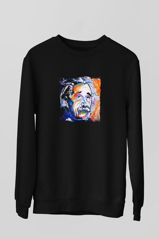 Albert Einstein Baskılı Unisex Siyah Sweatshirt