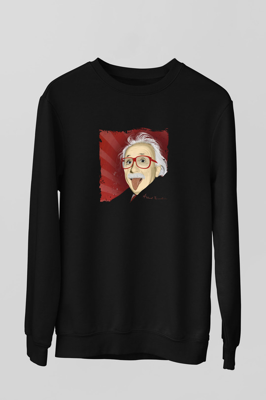 Albert Einstein Baskılı Unisex Siyah Sweatshirt