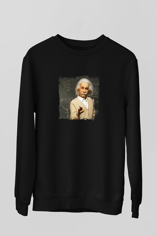 Albert Einstein Baskılı Unisex Siyah Sweatshirt