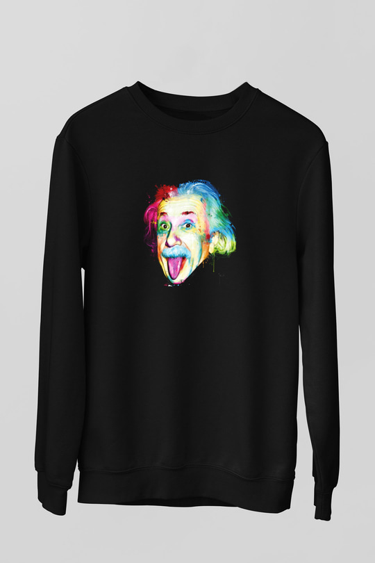 Albert Einstein Baskılı Unisex Siyah Sweatshirt