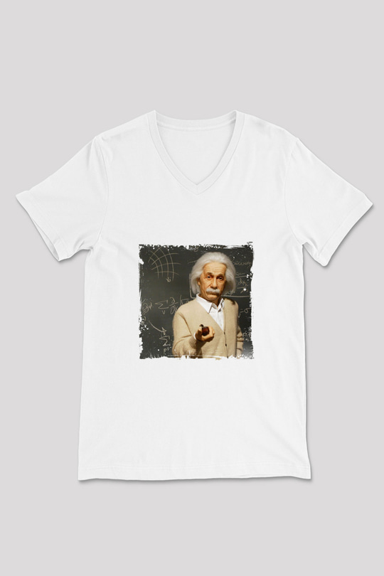 Albert Einstein Baskılı V Yaka Unisex Beyaz Tişört