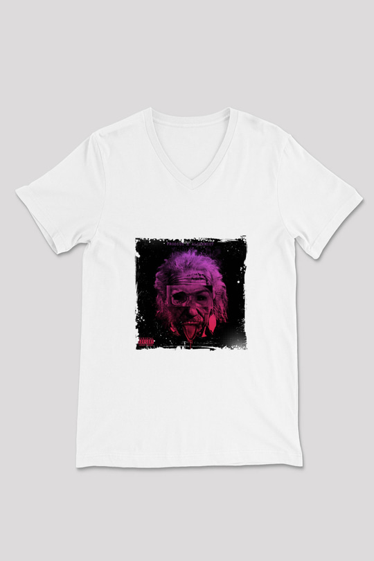 Albert Einstein Baskılı V Yaka Unisex Beyaz Tişört