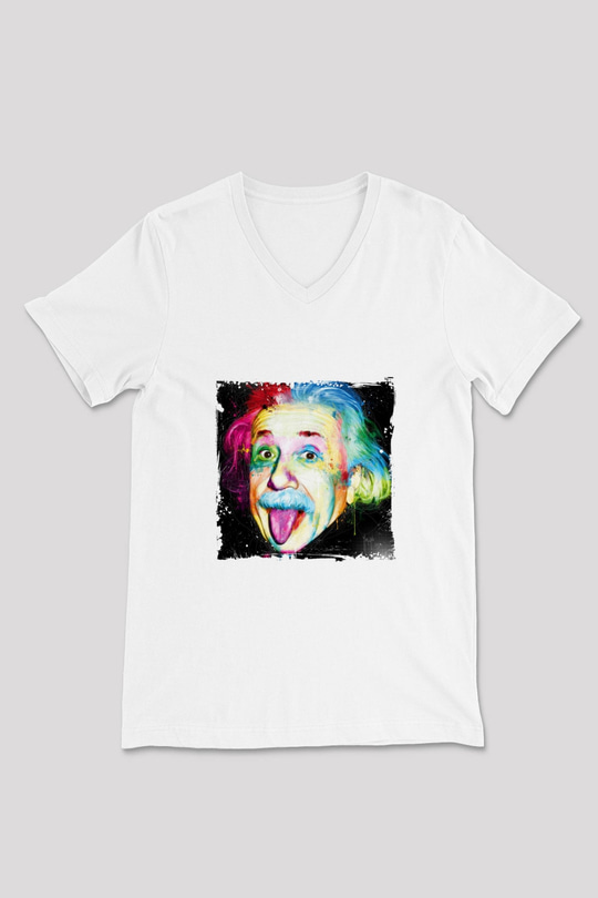 Albert Einstein Baskılı V Yaka Unisex Beyaz Tişört