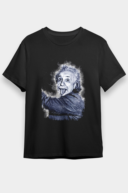 Albert Einstein Dil Çıkaran Portre Baskılı Unisex Siyah Tişört - Tshirt