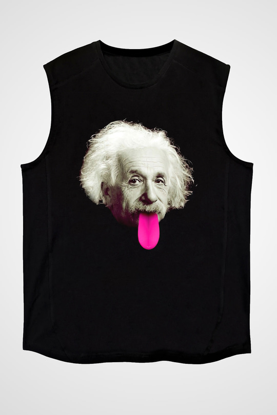 Albert Einstein Pembe Dil Baskılı Unisex Siyah Kolsuz Tişört