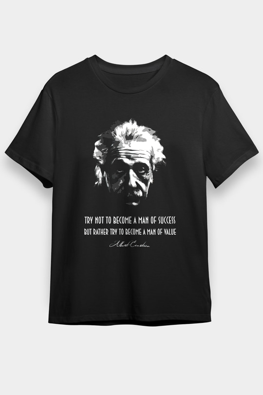 Albert Einstein Portre Lıntı Baskılı Unisex Siyah Tişört - Tshirt