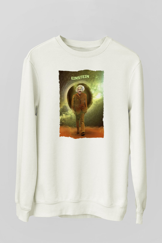 Albert Einstein Renkli Baskılı Unisex Ekru Sweatshirt