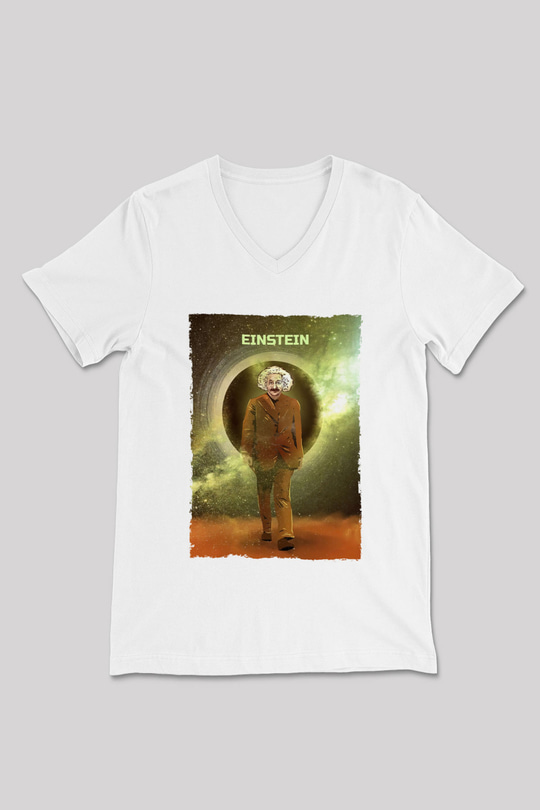 Albert Einstein Renkli Baskılı Unisex V Yaka Beyaz Tişört - Tshirt