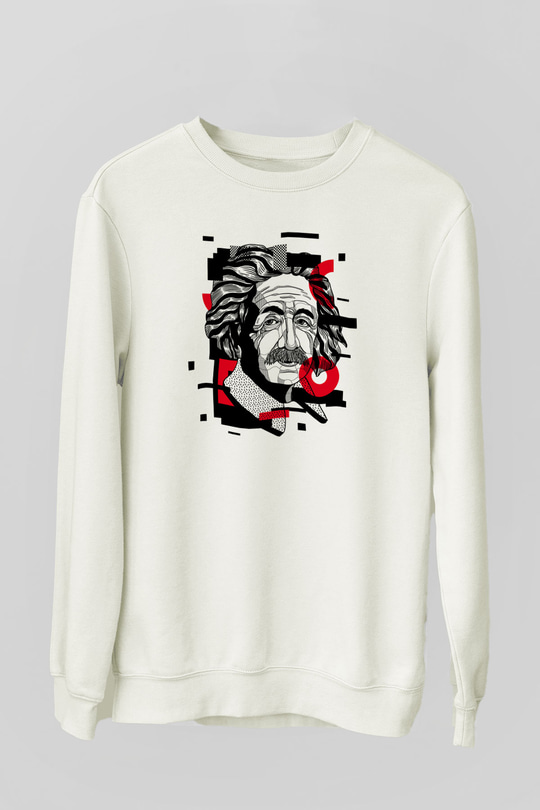 Albert Einstein Renkli Portre Baskılı Unisex Beyaz Sweatshirt