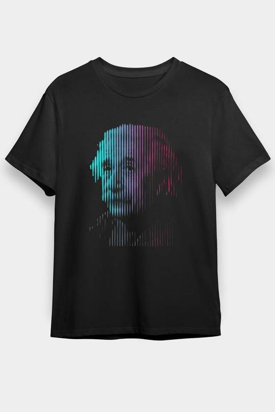 Albert Einstein Renkli Portre Baskılı Unisex Siyah Tişört - Tshirt
