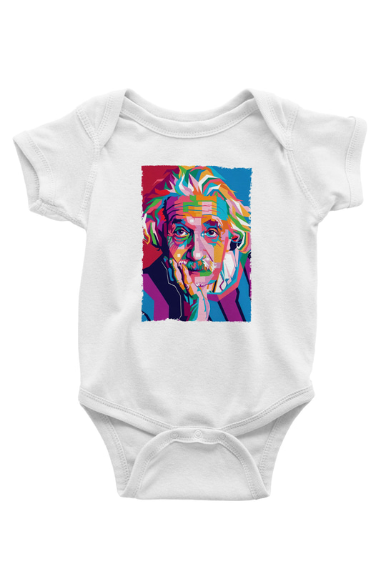 Albert Einstein Renkli Portre Baskılı Beyaz Bebek Body - Zıbın