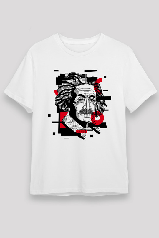 Albert Einstein Renkli Portre Baskılı Unisex Beyaz Tişört