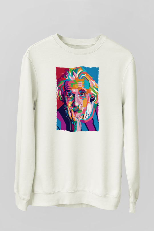 Albert Einstein Renkli Portre Baskılı Unisex Ekru Sweatshirt
