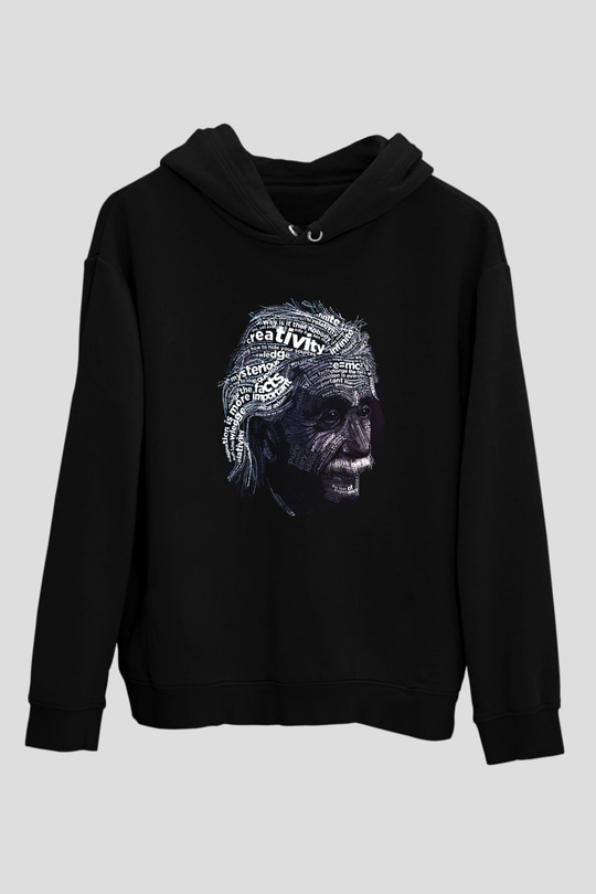 Albert Einstein Sanatsal Portre Baskılı Unisex Siyah Hoodie