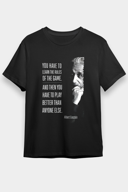 Albert Einstein Sözü Baskılı Unisex Siyah Tişört - Tshirt