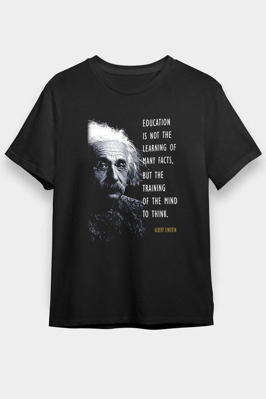 Albert Einstein Sözü Portre Baskılı Unisex Siyah Tişört - Tshirt