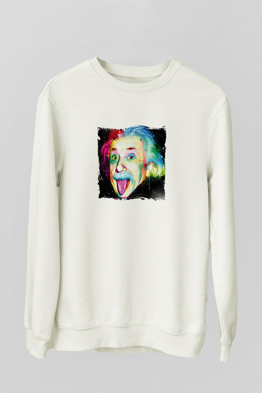 Albert Einstein Unisex Baskılı Beyaz Sweatshirt