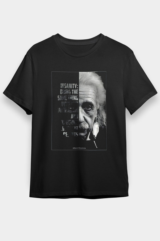 Albert Einstein Yarı Portre Baskılı Unisex Siyah Tişört - Tshirt