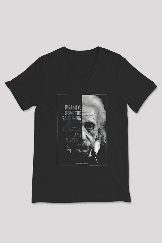 Albert Einstein Yarı Portre Baskılı Unisex V Yaka Siyah Tİşört - Tshirt