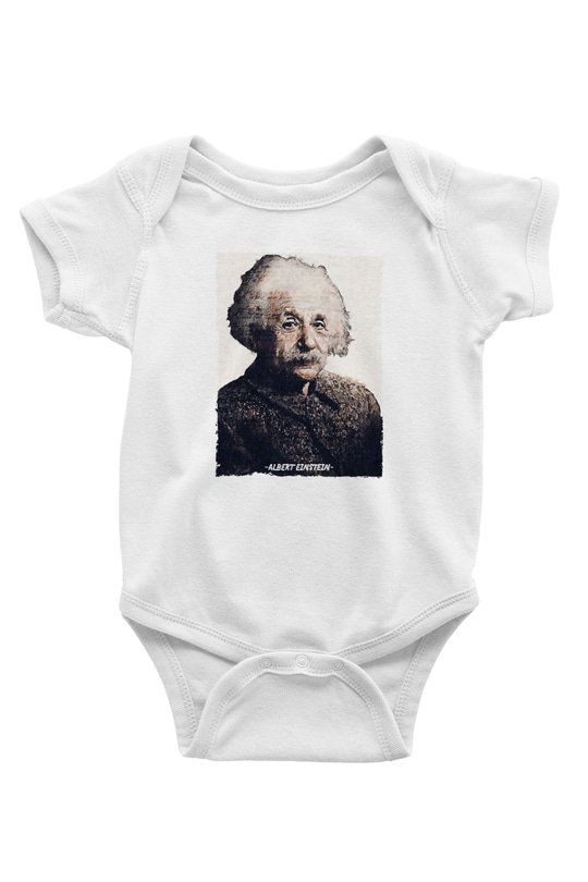 Albert Einstein Yazılı Portre Baskılı Beyaz Bebek Body - Zıbın