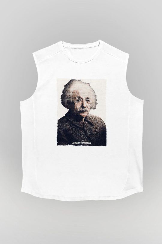 Albert Einstein Yazılı Portre Baskılı Unisex Kolsuz Beyaz Tişört - Tshirt