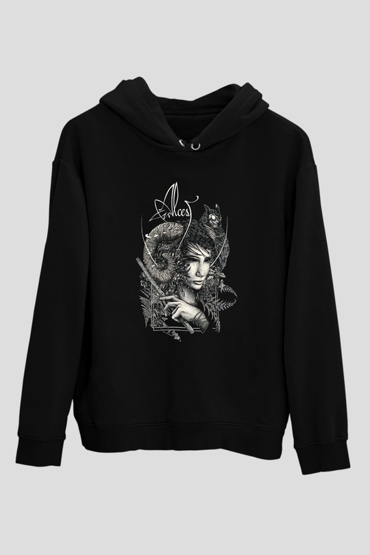 Alcest Baskılı Unisex Siyah Kapüşonlu Sweatshirt