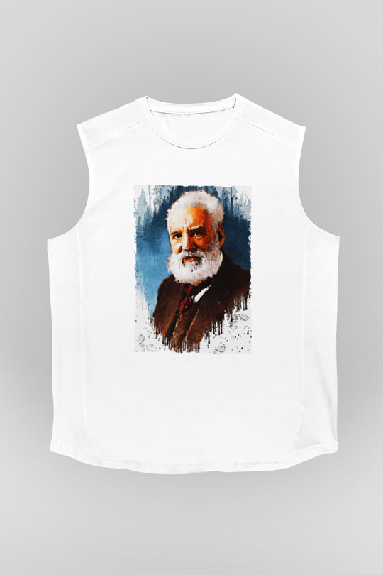 Alexander Graham Bell Baskılı Unisex Kolsuz Beyaz Tişört - Tshirt