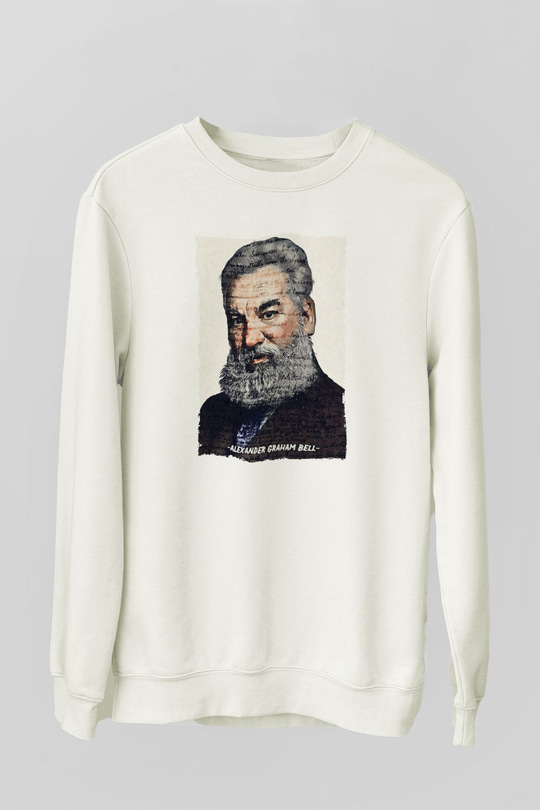 Alexander Graham Bell Yazılı Portre Baskılı Unisex Ekru Sweatshirt