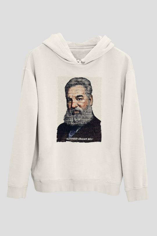 Alexander Graham Bell Yazılı Portre Baskılı Unisex Ekru Hoodie