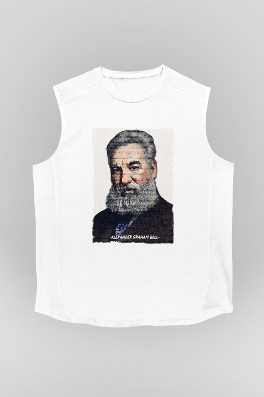 Alexander Graham Bell Yazılı Portre Baskılı Unisex Kolsuz Beyaz Tişört - Tshirt