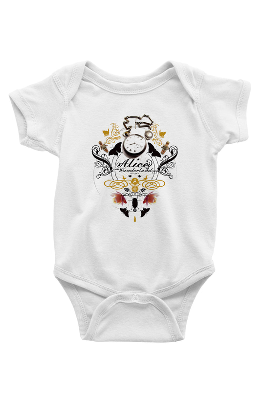 Alice in Wonderland Baskılı Beyaz Unisex Bebek Body - Zıbın